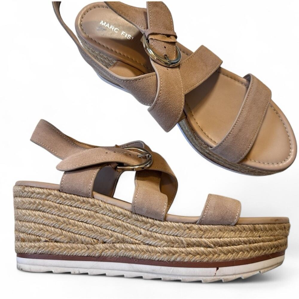 Marc Fisher Tan Suede Leather Espadrille Platform Sandals Womens 10 Beachy Shoes